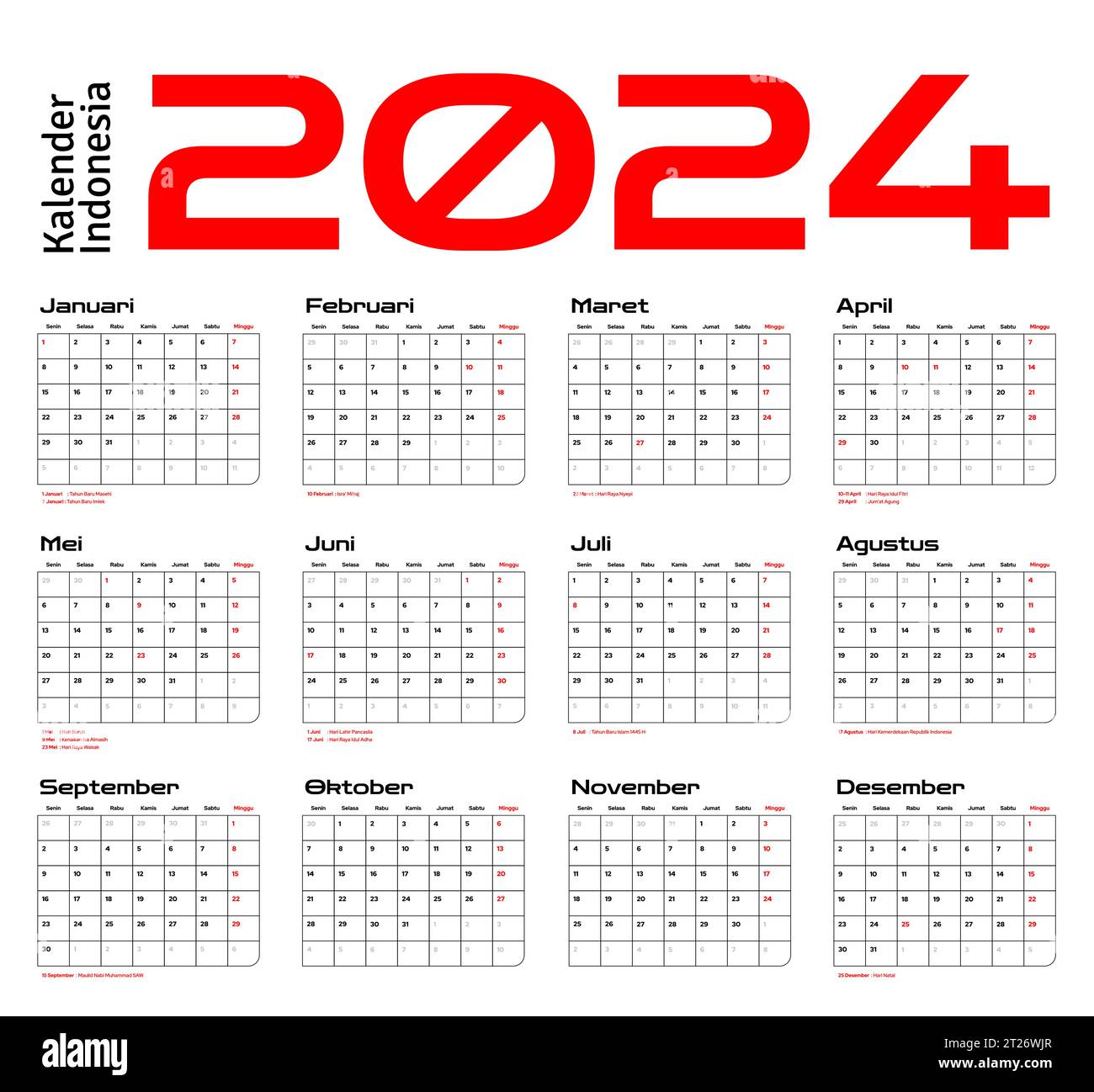 Calendrier indonésien 2024 vecteur de modèle, conception minimale simple, Planificateur 2024 