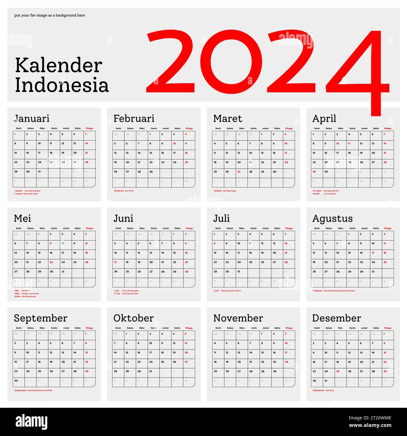 Calendrier indonésien 2024 vecteur de modèle, conception minimale simple, Planificateur 2024 année, kalender indonésie 2024 année, semaine commence dimanche, ensemble de 12 mois Illustration de Vecteur