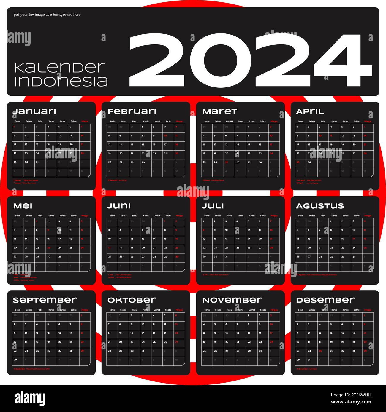 Calendrier indonésien 2024 vecteur de modèle, conception minimale simple, Planificateur 2024 année, kalender indonésie 2024 année, semaine commence dimanche, ensemble de 12 mois Illustration de Vecteur