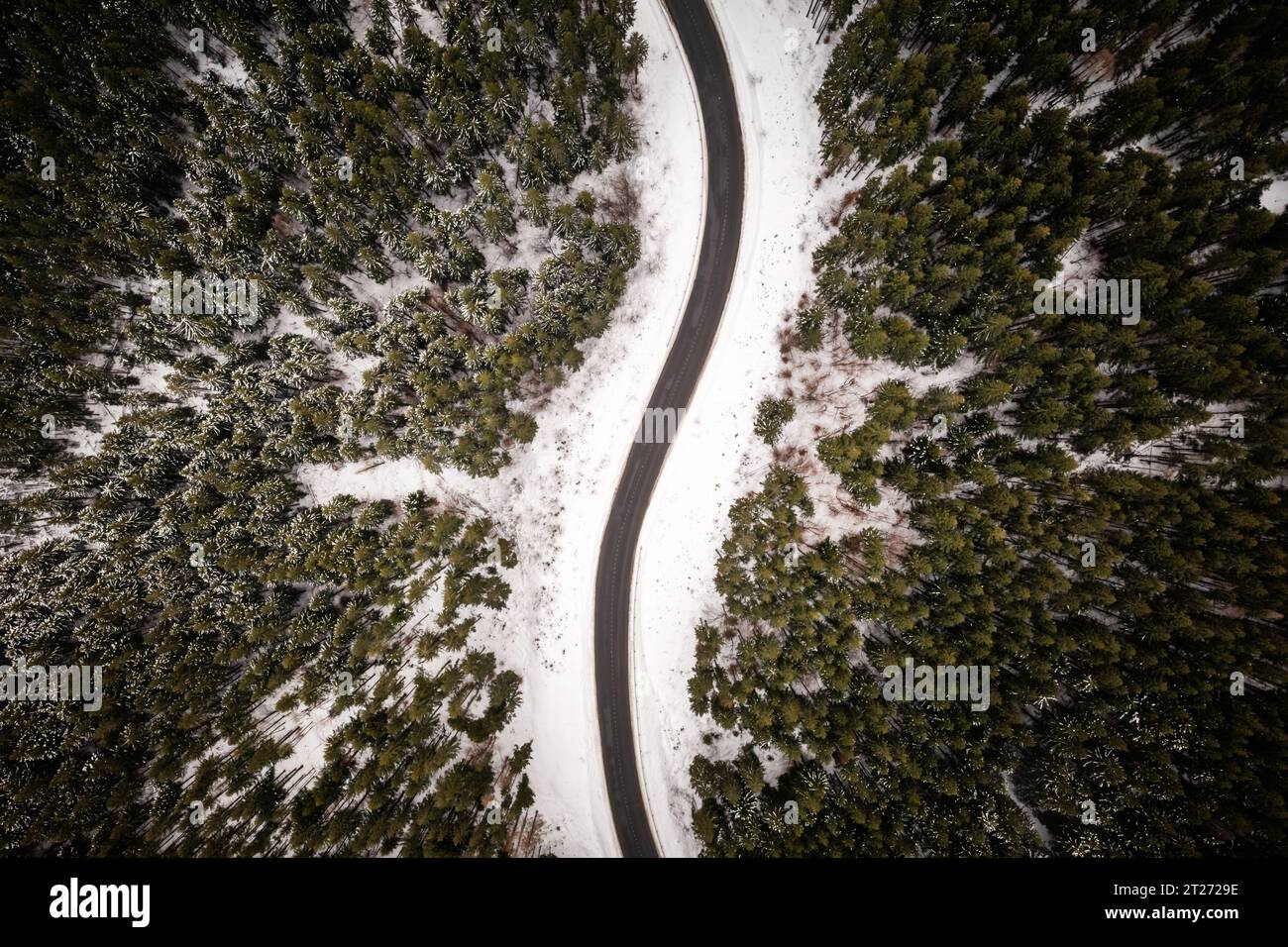 Forêt enneigée avec route serpentine dans les montagnes d'hiver. Vue de dessus. Photographie de paysage Banque D'Images