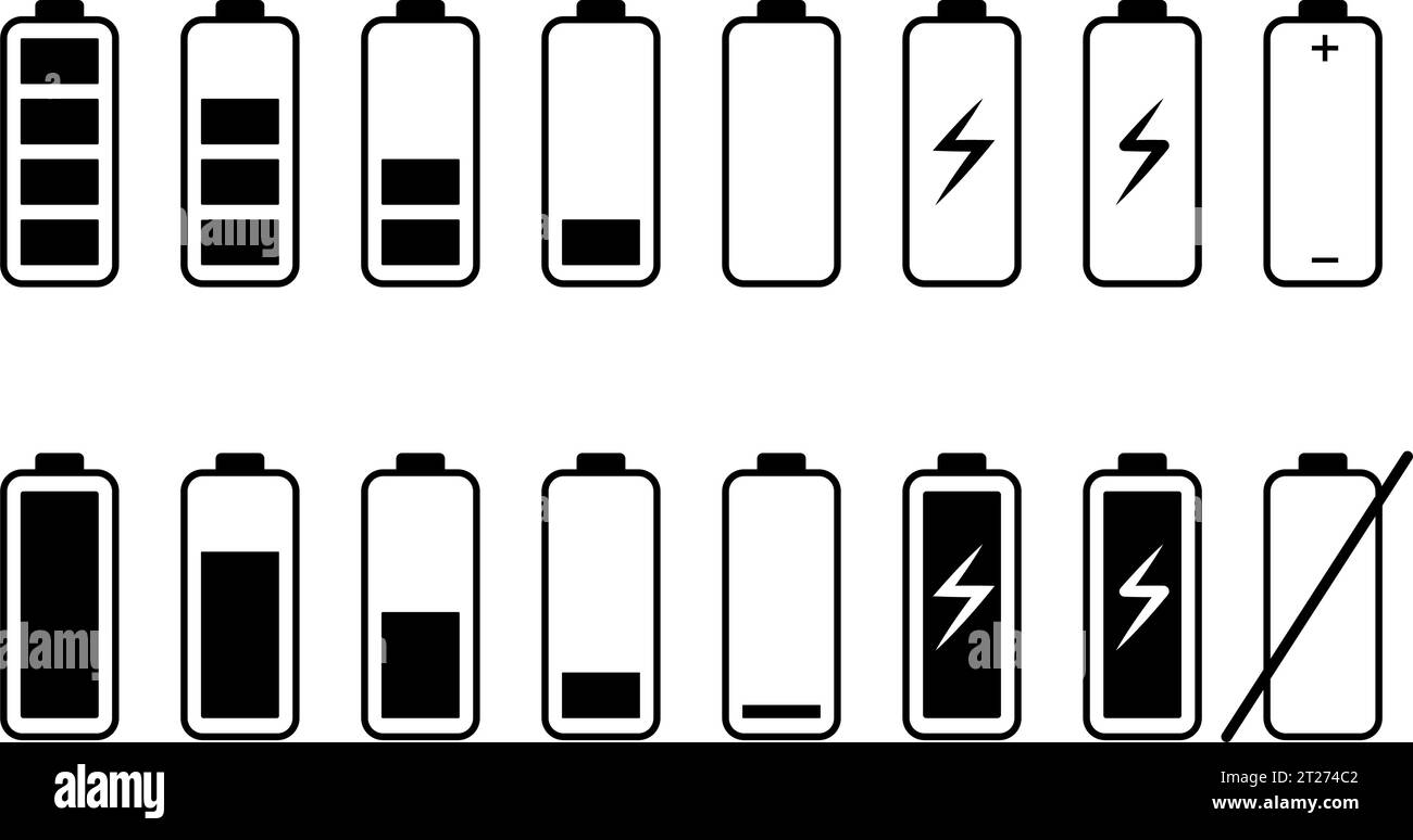 Icône définie pour le niveau de charge de la batterie. Symbole de batterie déchargée et complètement chargée. Illustration vectorielle Illustration de Vecteur