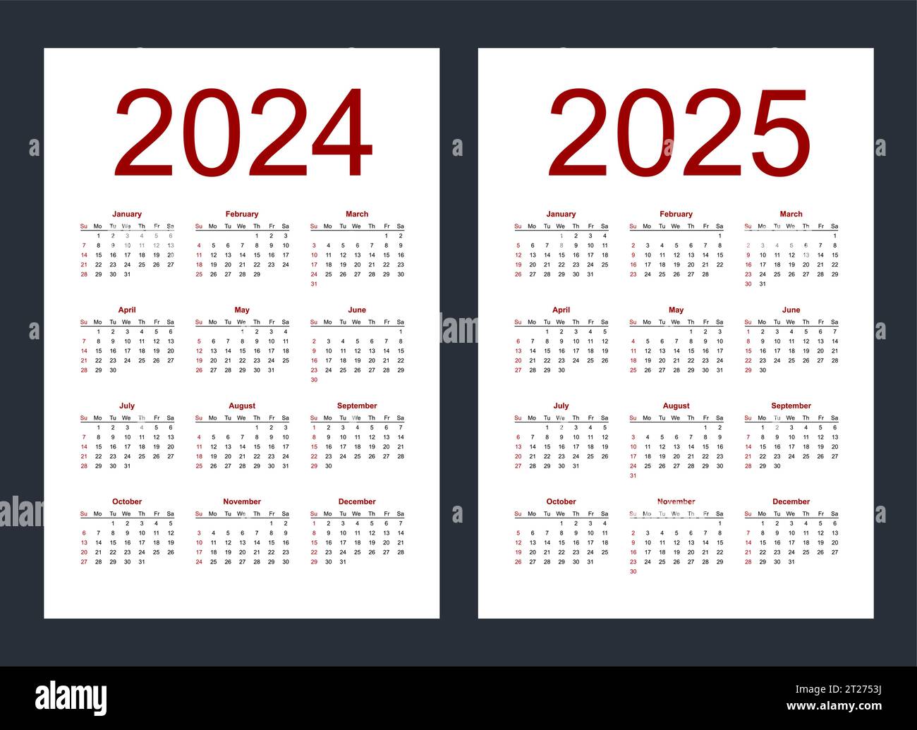 Calendriers vectoriels modifiables simples pour l'année 2024, 2025. La