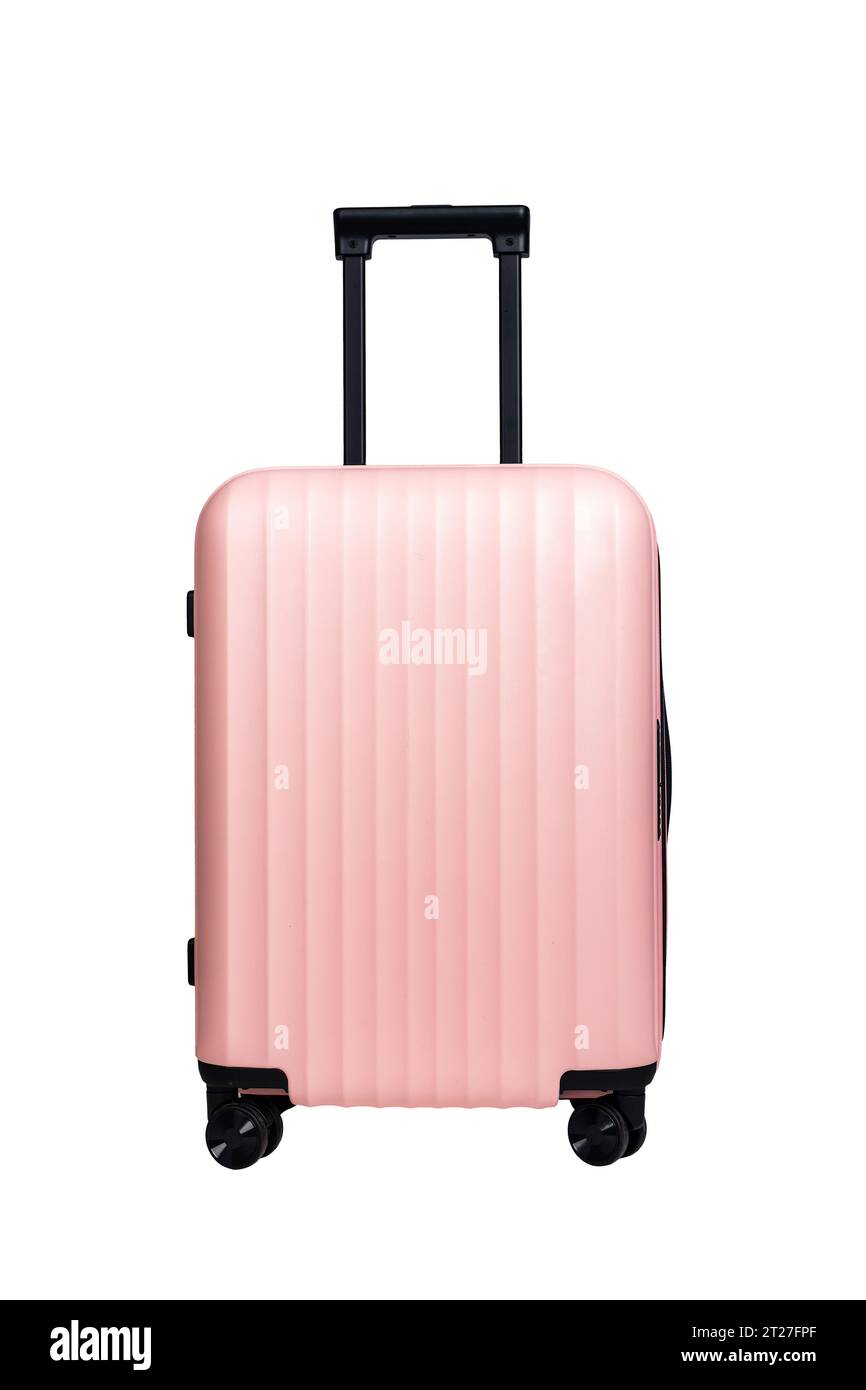Valise à roulettes avec poignée. Bagage spinner, sac rose isolé sur blanc Banque D'Images