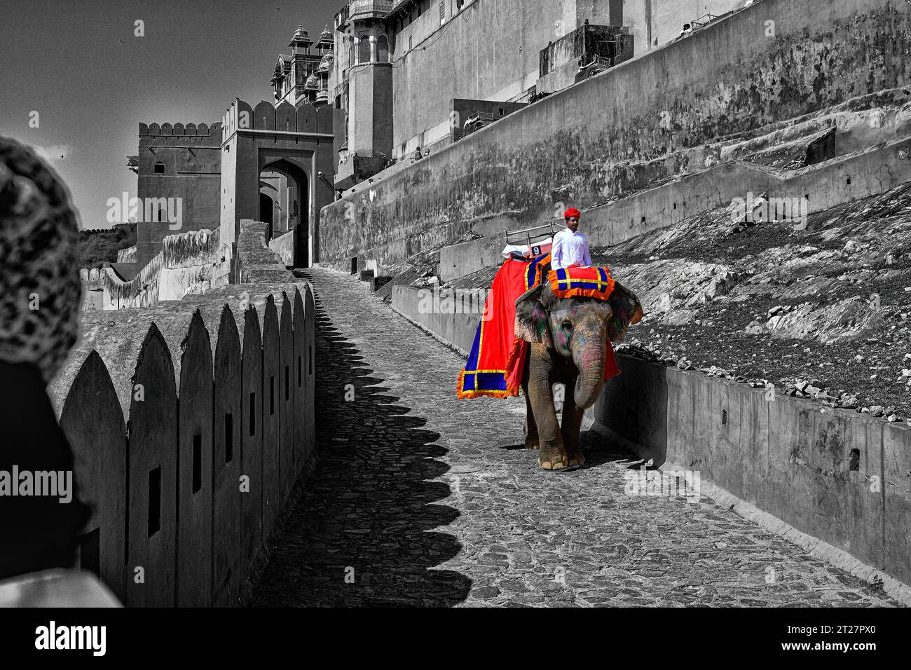 Un mahout et son éléphant retournant au parking du fort d'Amber à Jaipur Banque D'Images
