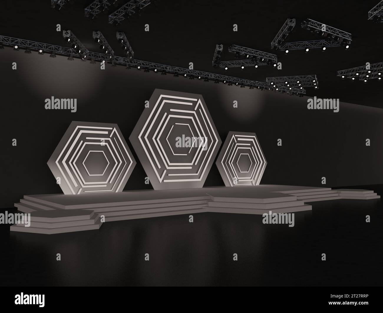 Scène de l'événement avec une toile de fond hexagonale et un effet LED et des escaliers de mise en scène, vue en perspective. hall intérieur. système de plafond à projecteur. rendu 3d illustr Banque D'Images