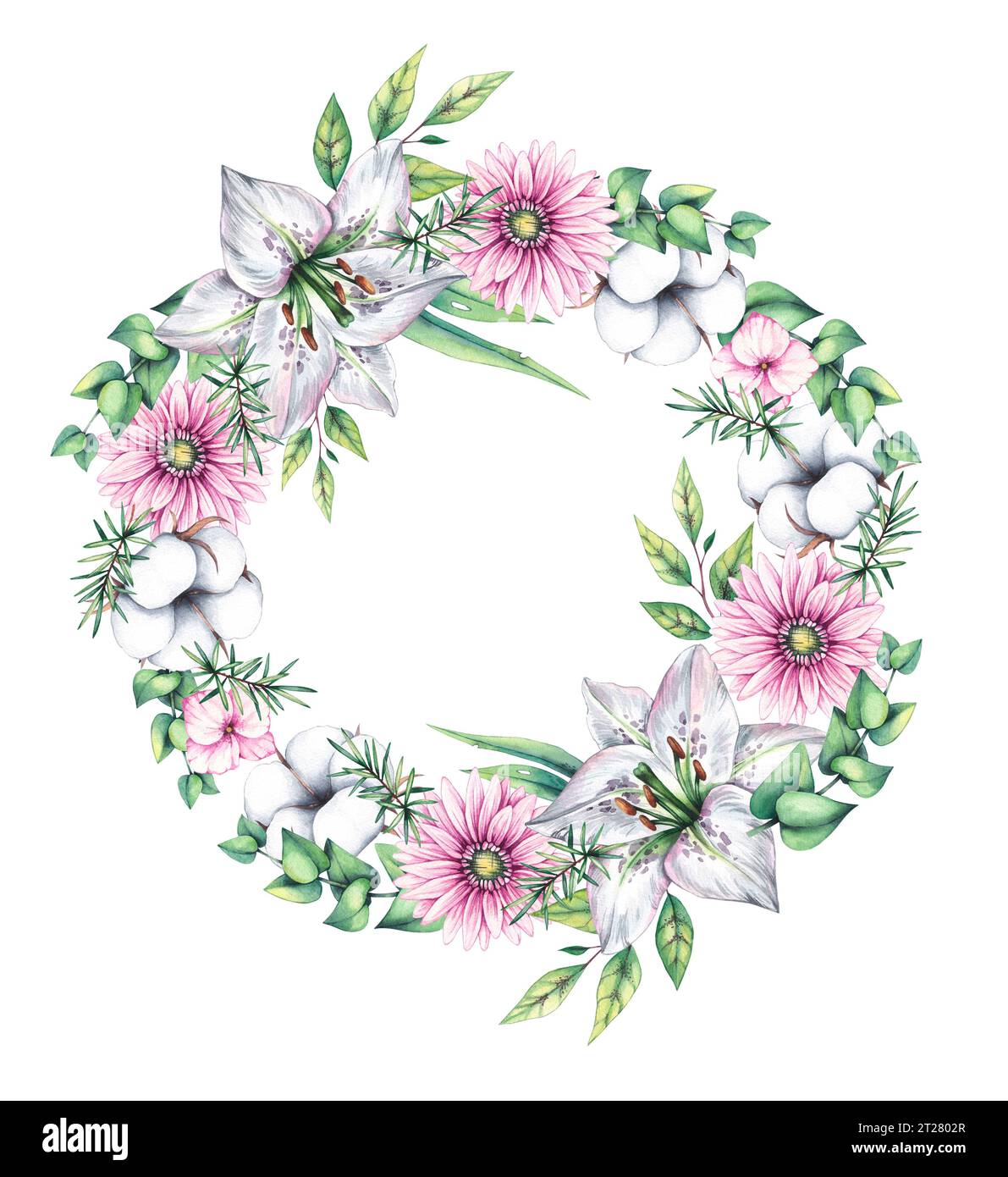 Couronne aquarelle avec des fleurs. Couronnes florales sur blanc. Lys dessiné à la main, coton, fleurs de gerbera isolées. Compositions avec des fleurs pour cartes, invit Banque D'Images