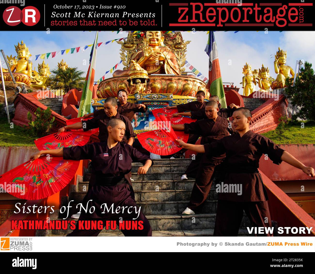 zReportage.com Numéro #910 Histoire de la semaine : publié MARDI 17 octobre 2023: "Sisters of No Mercy : Katmandou's Kung Fu Nunss' photos par Skanda Gautam, photographe primée de ZUMA Press : la légende raconte qu'il y a 1 000 ans dans l'Himalaya, le bouddhiste Gyalwang Drukpa a vu neuf dragons voler dans le ciel. Il a été tellement inspiré qu'il a décidé de créer et de former un nouvel ordre de religieuses, engagé pour la paix, la nature, l'égalité des sexes et, plus récemment, le kung fu. Les 350 femmes de l'ordre des dragons Drukpa sont hautement qualifiées dans les arts martiaux, dans lesquels elles s'entraînent avec des épées, des machettes et des nunchucks six da Banque D'Images