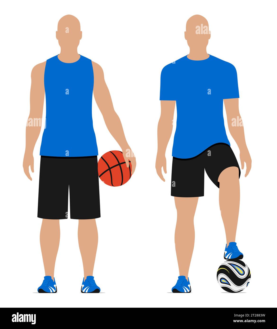 Hommes de sport avec des ballons de basket-ball et de football, illustration vectorielle isolée sur fond blanc. Illustration de Vecteur