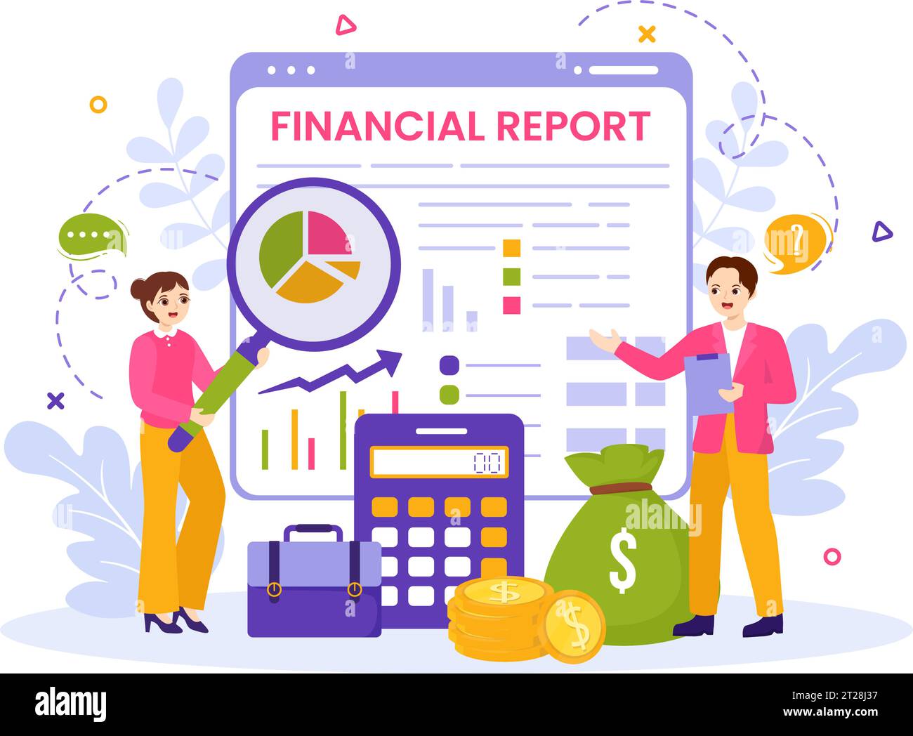 Illustration vectorielle de rapport financier avec des graphiques, des graphiques et des diagrammes de données sur les transactions financières, l'analyse et les statistiques en ligne dans le fond plat Illustration de Vecteur