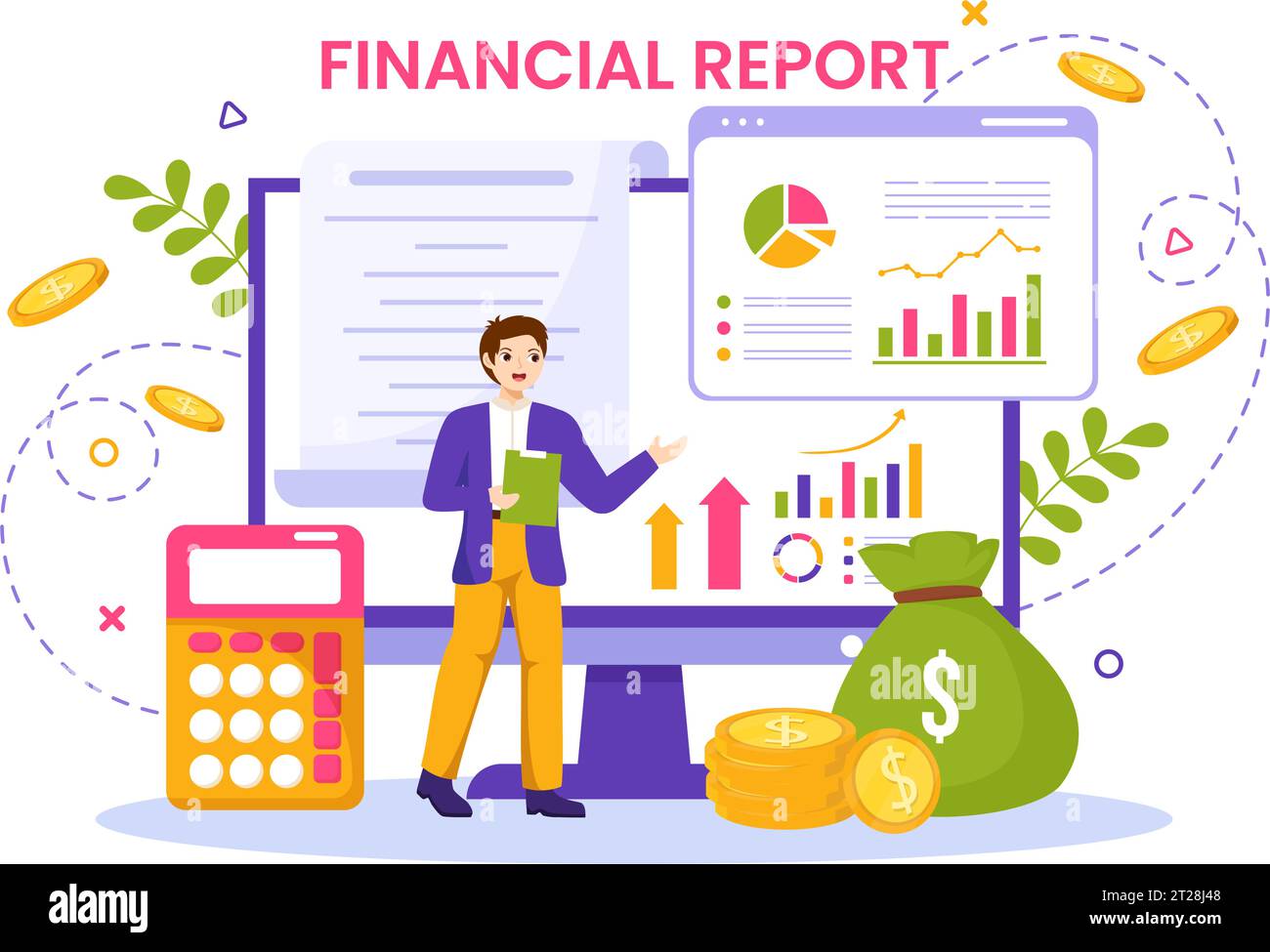 Illustration vectorielle de rapport financier avec des graphiques, des graphiques et des diagrammes de données sur les transactions financières, l'analyse et les statistiques en ligne dans le fond plat Illustration de Vecteur