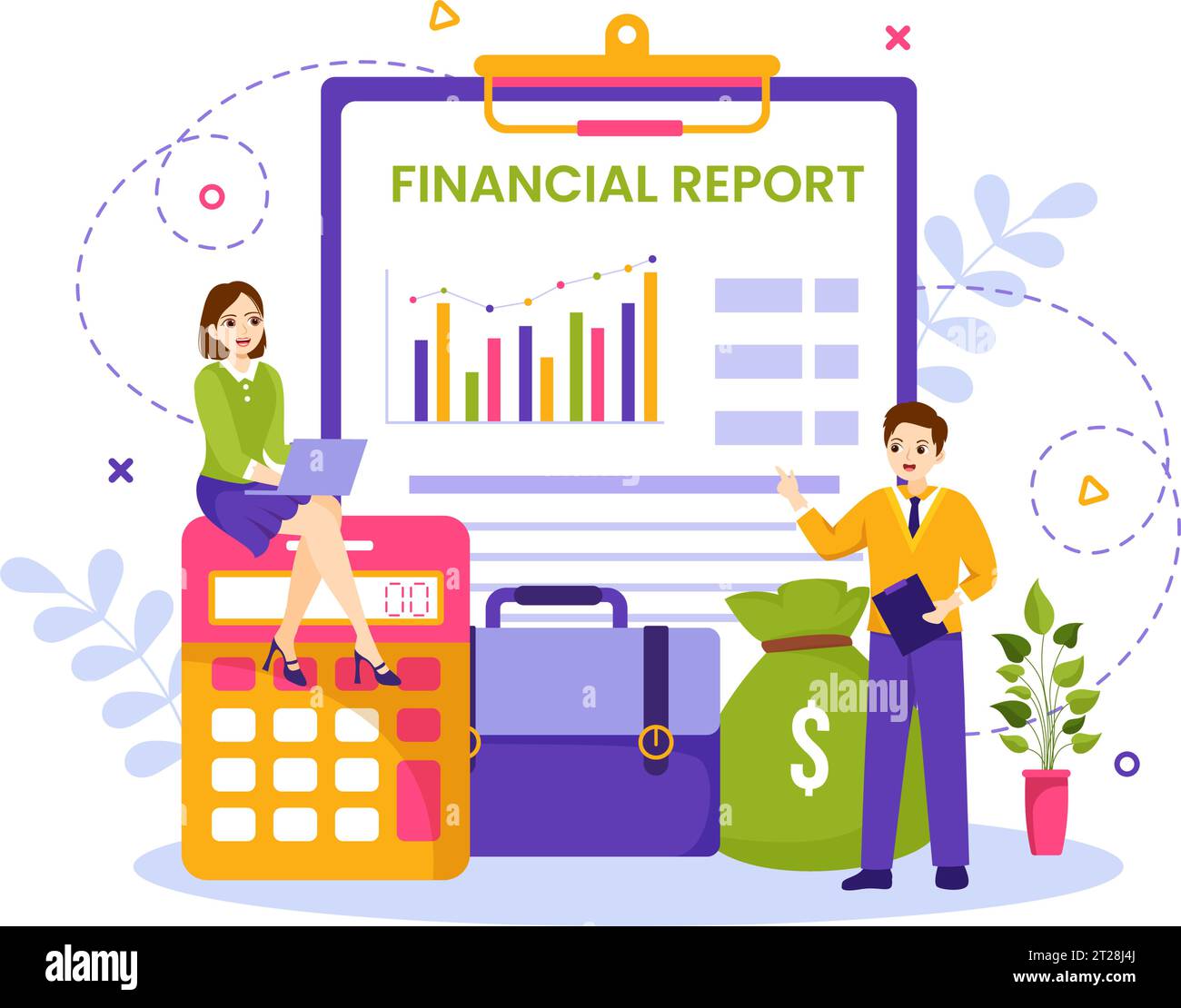 Illustration vectorielle de rapport financier avec des graphiques, des graphiques et des diagrammes de données sur les transactions financières, l'analyse et les statistiques en ligne dans le fond plat Illustration de Vecteur