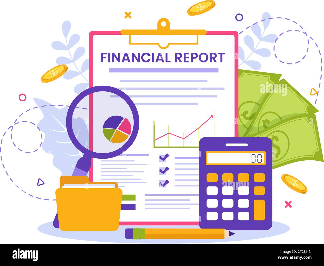 Illustration vectorielle de rapport financier avec des graphiques, des graphiques et des diagrammes de données sur les transactions financières, l'analyse et les statistiques en ligne dans le fond plat Illustration de Vecteur