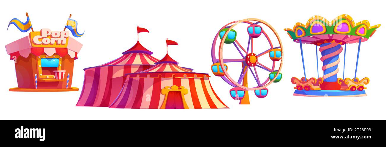 Grande roue de parc, icône de carnaval de carrousel pour l'illustration de vecteur de dessin animé juste amusant. Amusement forain avec attraction pour enfants à thème vintage et collection de conception de cliparts en plein air popcorn Food. Illustration de Vecteur