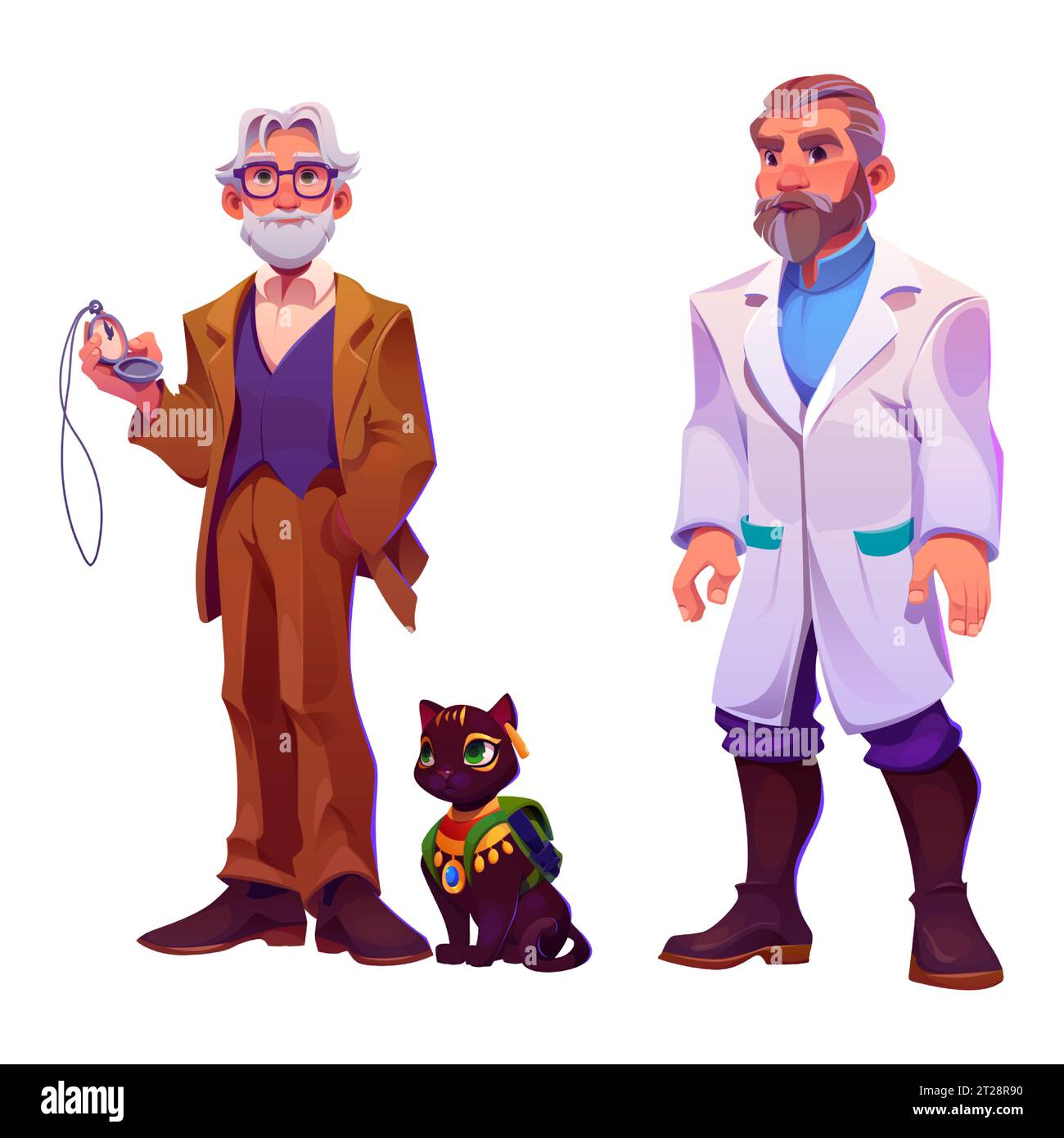 Professeur principal, scientifique masculin en manteau blanc, chat noir égyptien isolé sur fond blanc. Illustration de dessin animé vectoriel de personnages masculins pour la conception de jeu, animal avec collier d'or, sac à dos Illustration de Vecteur