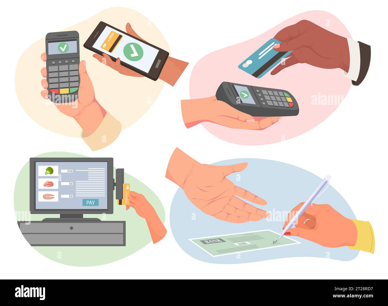 Différentes méthodes de paiement et mains humaines ensemble Illustration de Vecteur