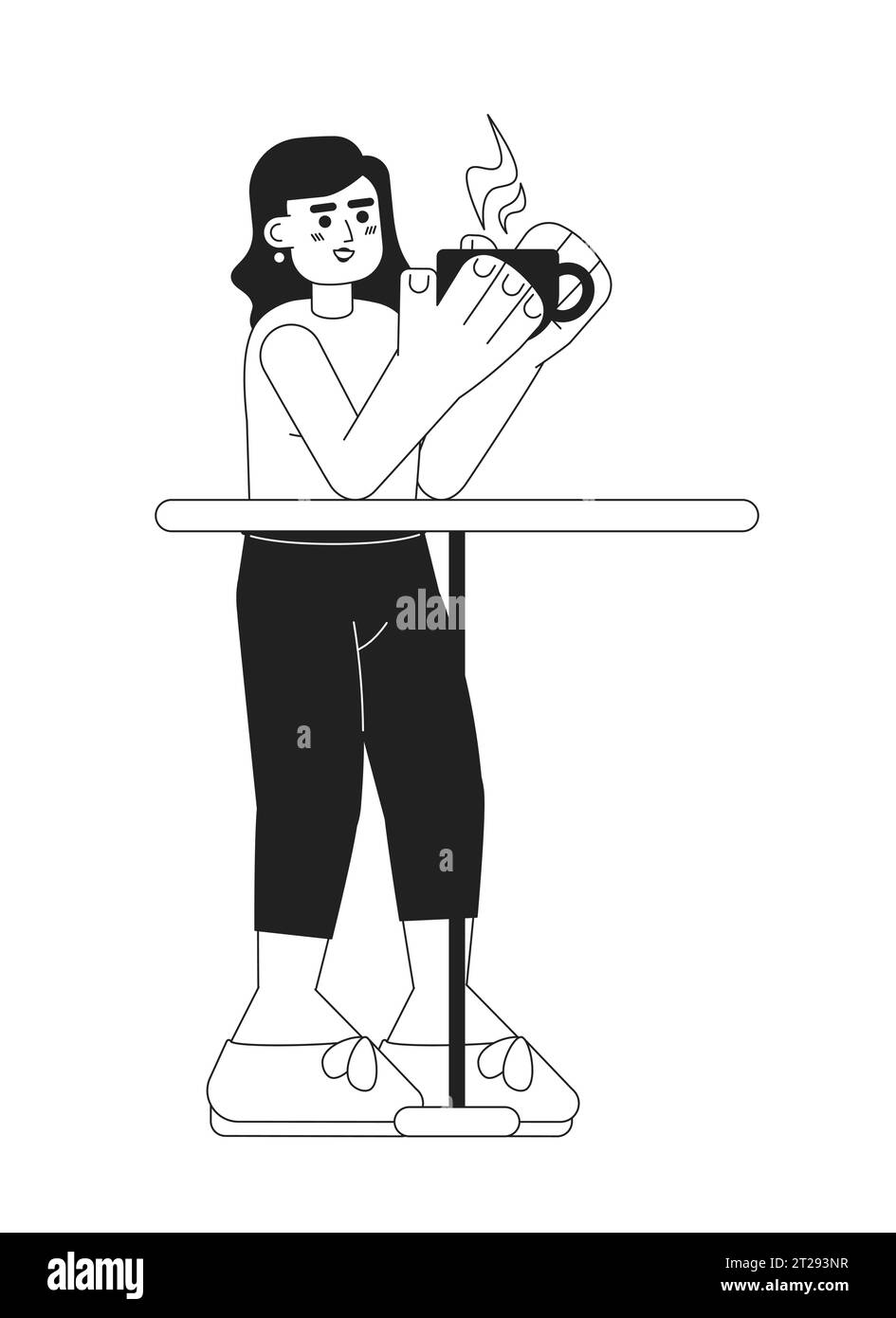 Femme caucasienne buvant du café caractère vectoriel plat monochromatique Illustration de Vecteur