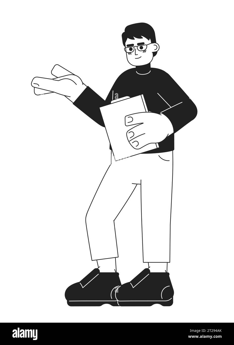 Lunettes homme asiatique lisant des documents noir et blanc personnage de dessin animé 2D. Illustration de Vecteur