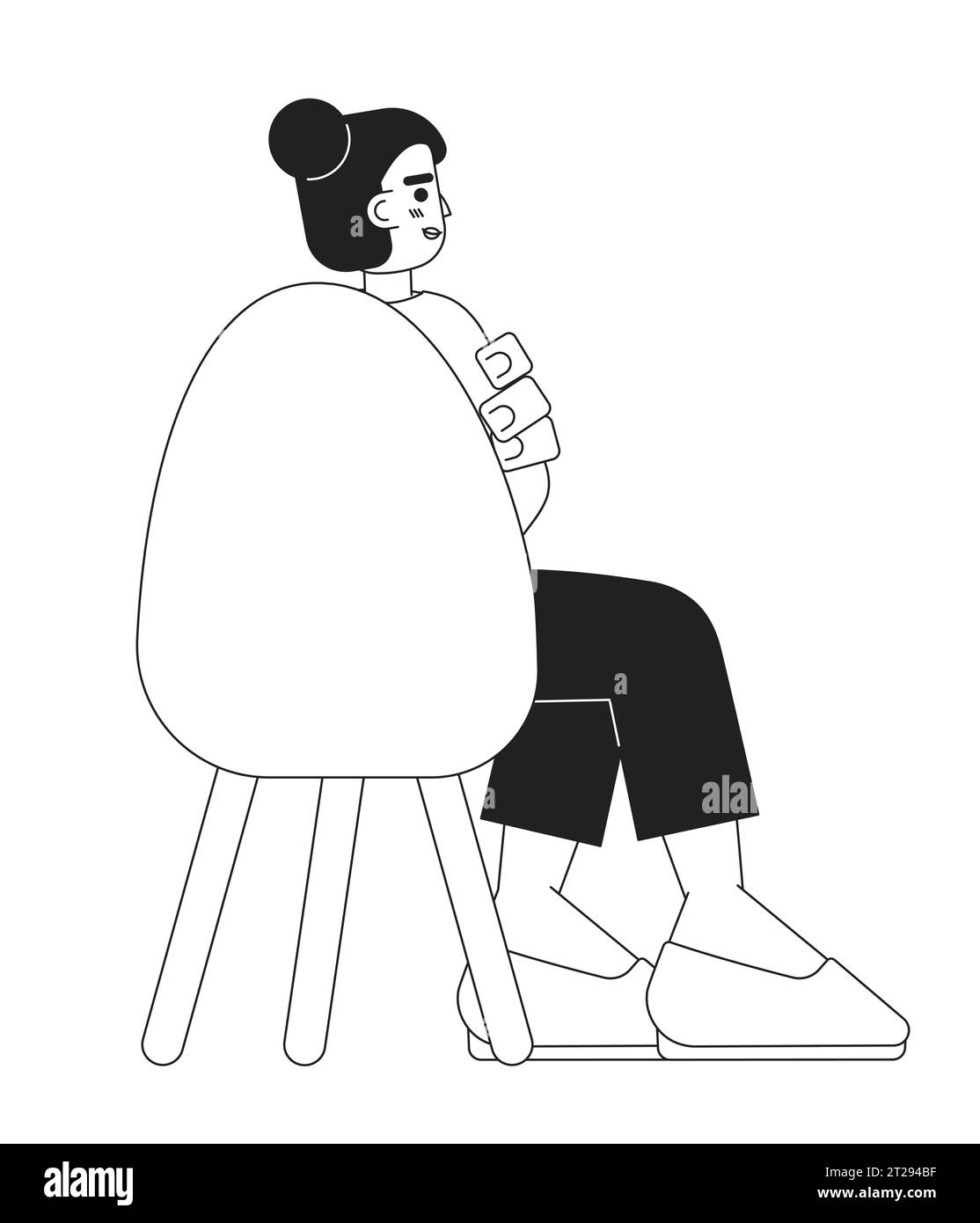 Femme adulte sud-asiatique assise dans la vue arrière de la chaise personnage de dessin animé noir et blanc 2D. Illustration de Vecteur