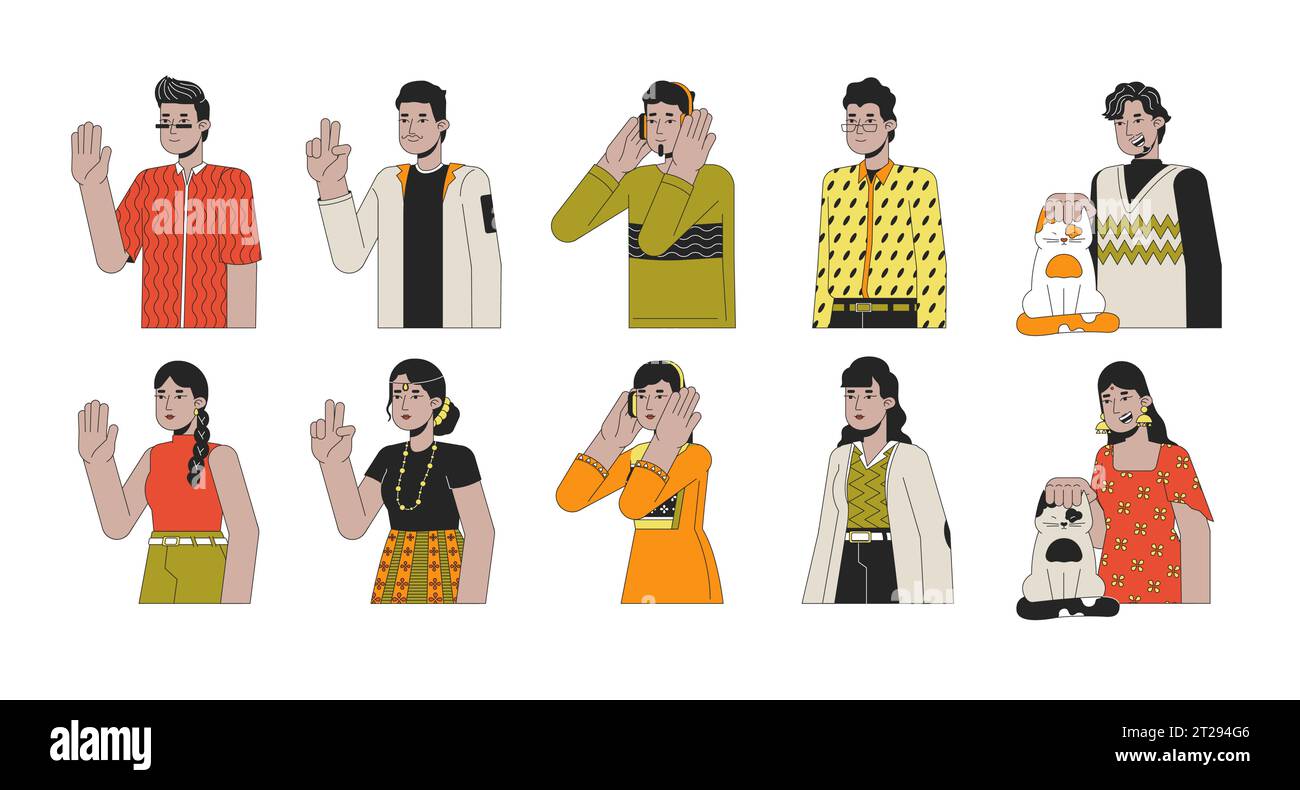 Heureux indiens sud-asiatiques sud-asiatiques personnages de dessins animés linéaires 2D ensemble Illustration de Vecteur