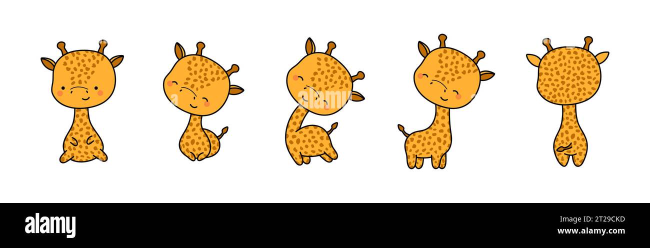 Ensemble de Cartoon Isolated Baby Giraffe. Ensemble de girafe Kawaii mignon dans Funny Cartoon style. Illustration de Vecteur