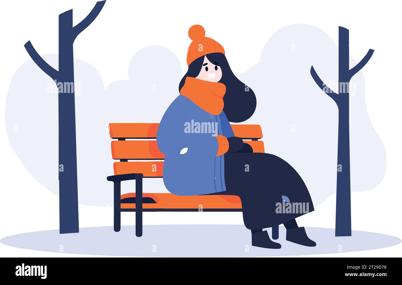 Personnages dessinés à la main dans des vêtements d'hiver assis sur un banc en hiver dans un style plat isolé sur fond Illustration de Vecteur