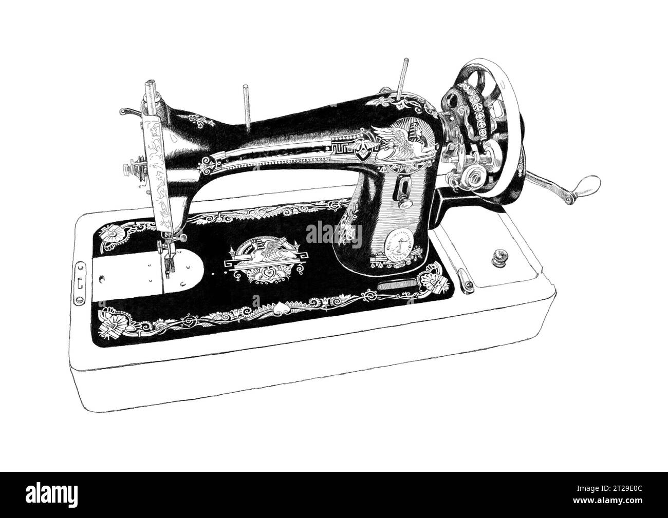 Vintage vieux rétro machine à coudre crayon encre Illustration. Banque D'Images