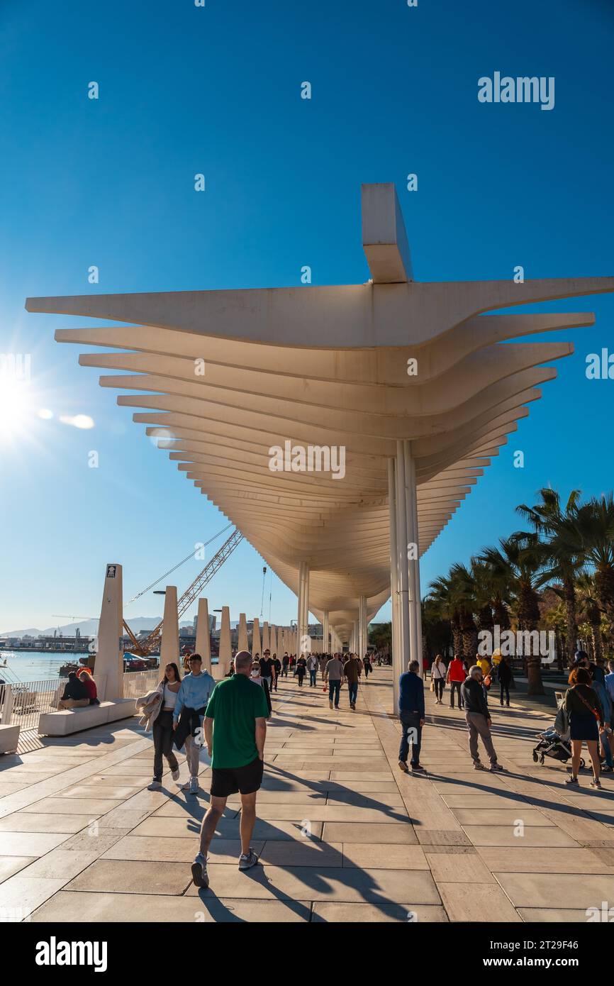 Promenade appelée Paseo del Muelle Uno dans la ville de Malaga, Andalousie. Espagne Banque D'Images