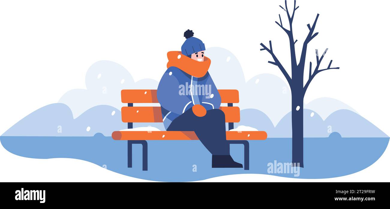 Personnages dessinés à la main dans des vêtements d'hiver assis sur un banc en hiver dans un style plat isolé sur fond Illustration de Vecteur