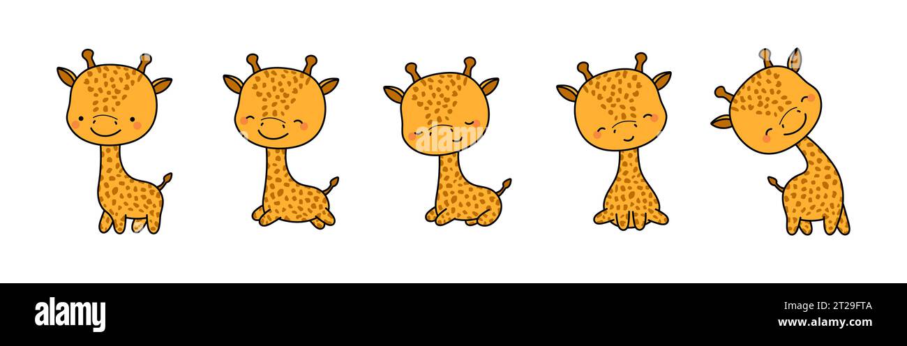 Ensemble de Cartoon Isolated Baby Giraffe. Ensemble de girafe Kawaii mignon dans Funny Cartoon style. Illustration de Vecteur