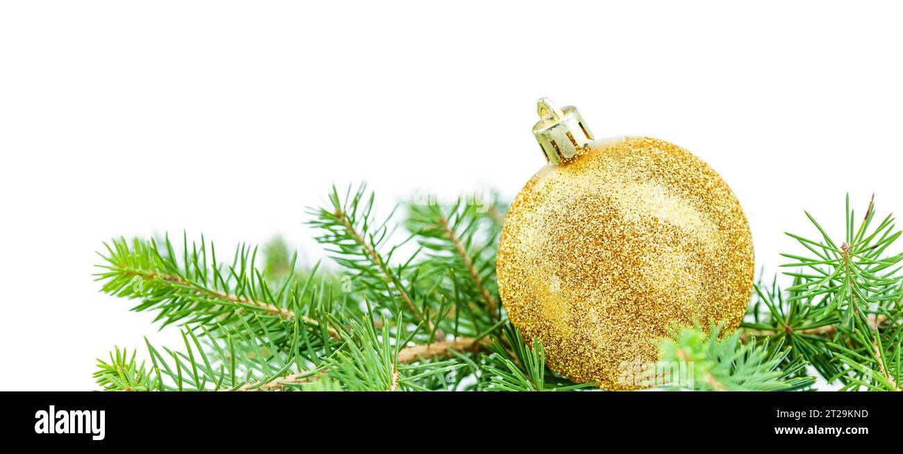 Ornements dorés sur les branches de sapin isolé sur fond blanc. Noël étincelant doré. Banque D'Images Ornements dorés sur les branches de sapin isolé sur fond blanc. Noël étincelant doré. Banque D'Images