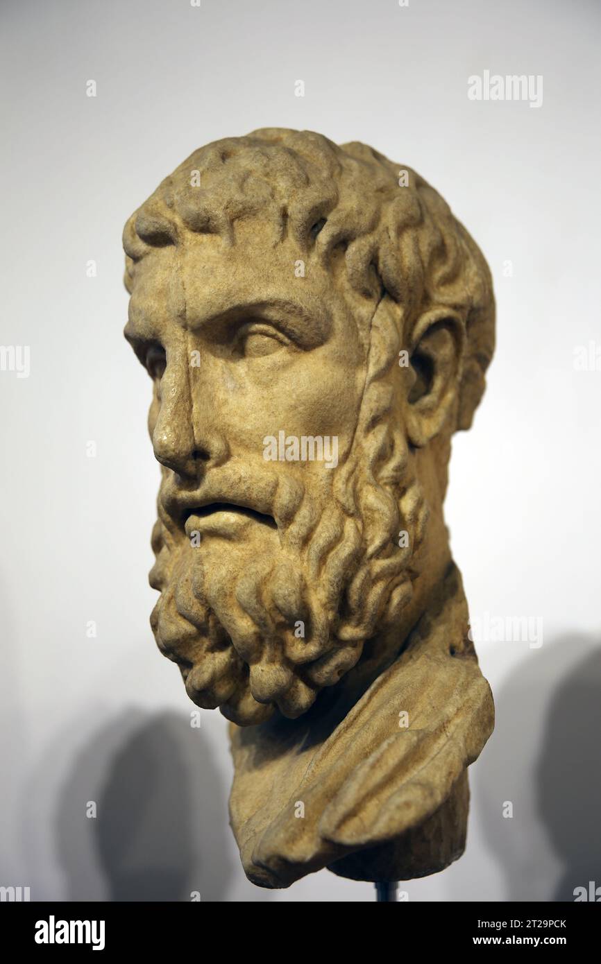 Buste du philosophe grec antique Epicure. Copie romaine d'un original grec du 3e siècle av. J.-C.. Marbre pentélique. De Carsoli, Abruzzes. Barracco M Banque D'Images