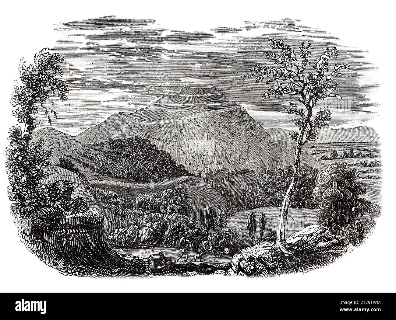 Le camp britannique, fort de l'âge du fer, Herefordshire Beacon, Malvern Hills. 19e siècle. Illustration en noir et blanc de la 'Vieille Angleterre' publiée par James Sangster en 1860. Banque D'Images