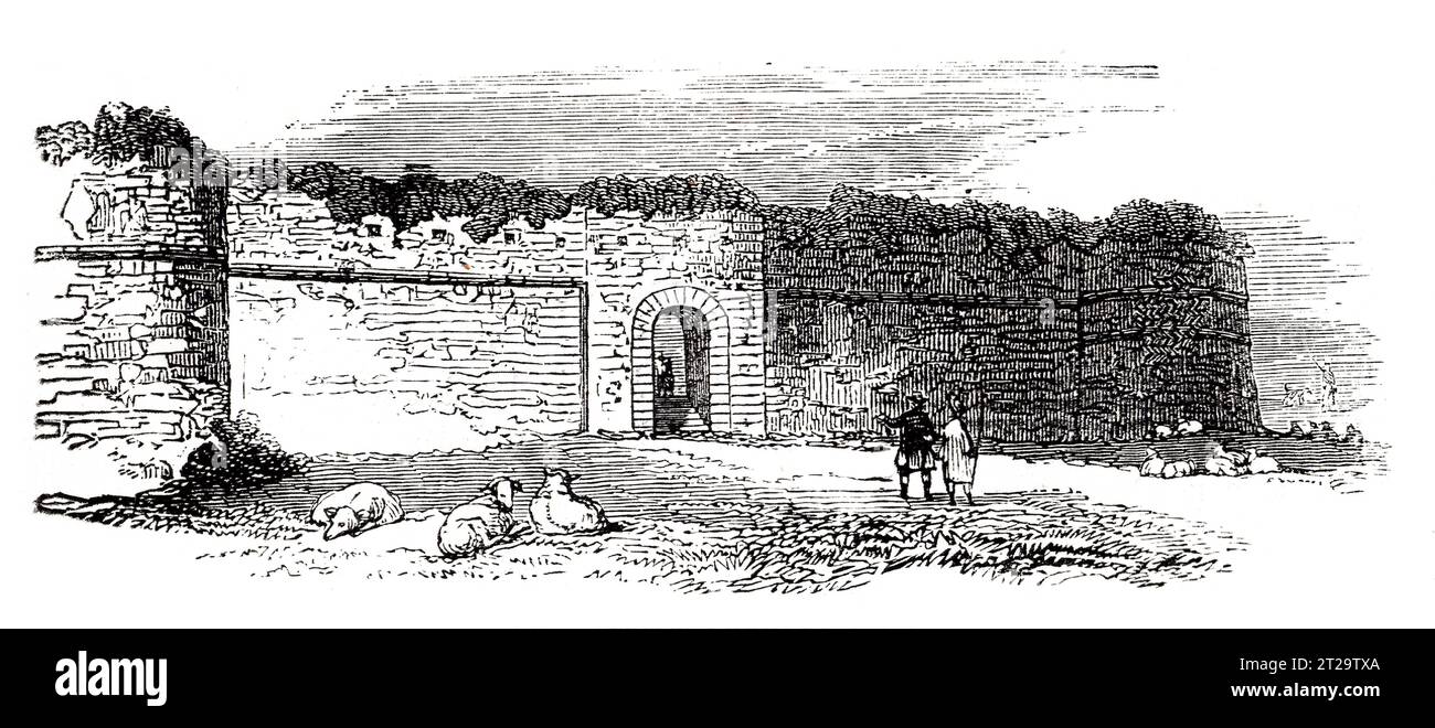 Les ruines du château de Pevensey, East Sussex au 19e siècle. Illustration en noir et blanc de la 'Vieille Angleterre' publiée par James Sangster en 1860. Banque D'Images