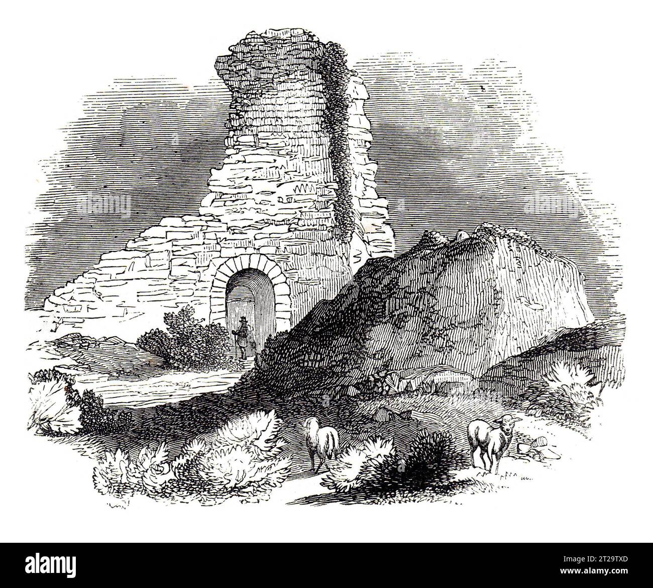 Les ruines du château de Pevensey, East Sussex au 19e siècle. Illustration en noir et blanc de la 'Vieille Angleterre' publiée par James Sangster en 1860. Banque D'Images