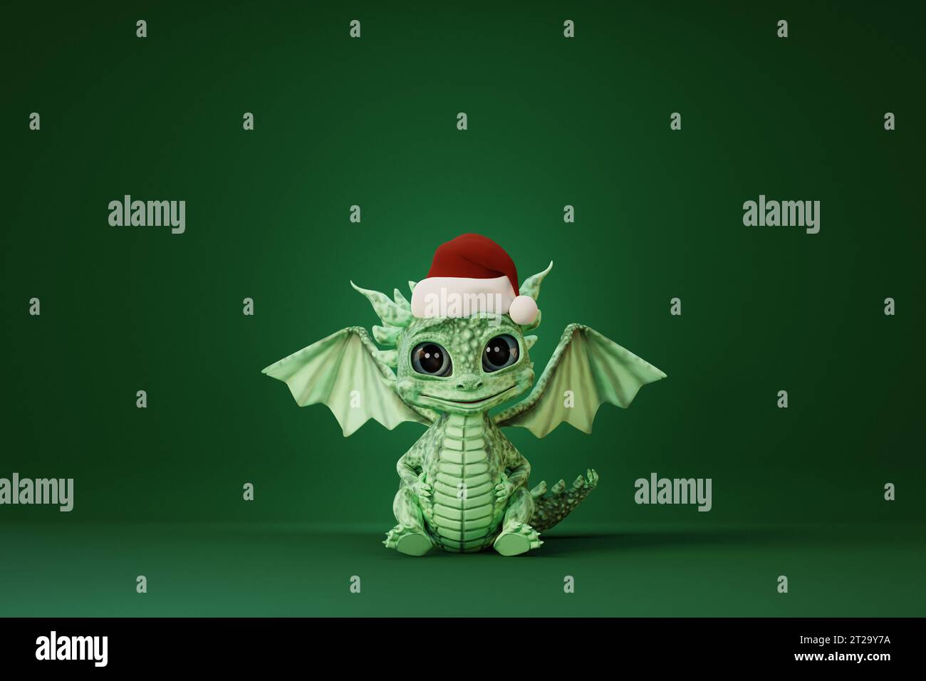 Mignon bébé dragon de dessin animé portant dans le chapeau de Père Noël. rendu 3d. Banque D'Images