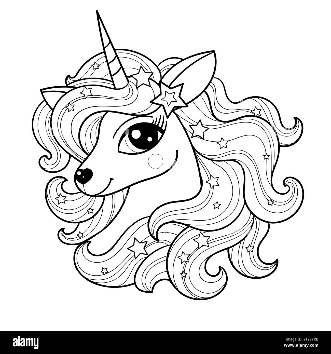 Tête UNICORN.Dessin linéaire noir et blanc.Vecteur Illustration de Vecteur
