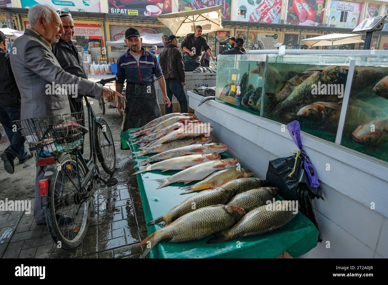 Fergana, Ouzbékistan - 18 octobre 2023 : un vendeur de poisson au marché de la ville de Fergana, Ouzbékistan. Banque D'Images