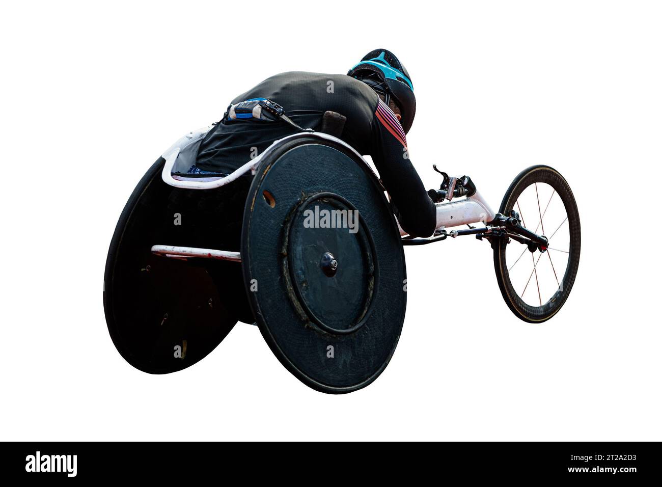 vue arrière para athlète dans la course en fauteuil roulant sur le stade de piste rouge isolé sur fond blanc Banque D'Images vue arrière para athlète dans la course en fauteuil roulant sur le stade de piste rouge isolé sur fond blanc Banque D'Images