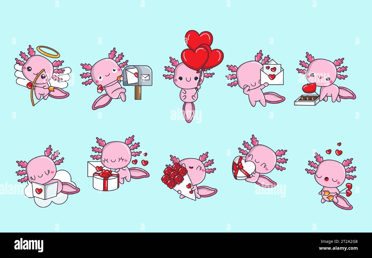 Ensemble d'illustrations de Cartoon Kawaii Axolotl dans Love. Collection de Cute Vector isolé bébé Axolotl Illustration de Vecteur