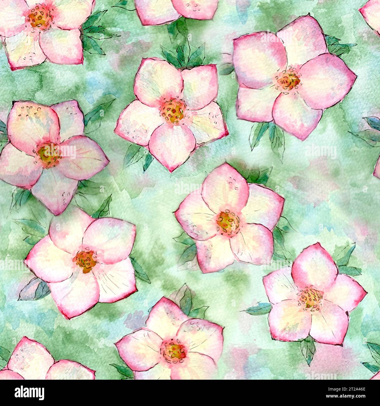Fleurs d'aquarelle vert pastel, rose, fond de motif sans couture blanc. Aquarelle illustration botanique de printemps dessinée à la main. Impression pour textile, FAB Banque D'Images