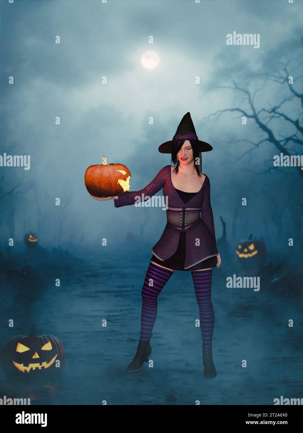 Rendu 3D d'une mignonne sorcière pin-up habillée d'un chapeau, robe violette et bas rayés tenant un jack-o'-lanterne sur une nuit effrayante. Banque D'Images