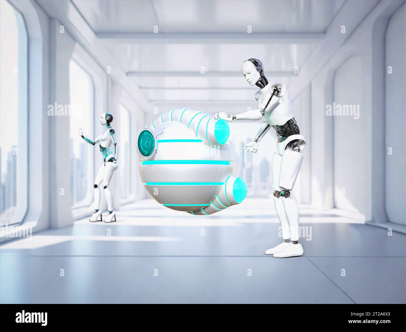 Rendu 3D d'un robot masculin et féminin vivant dans un appartement dans le futur. Vérifier leur gadget robotique. Concept futuriste. Banque D'Images