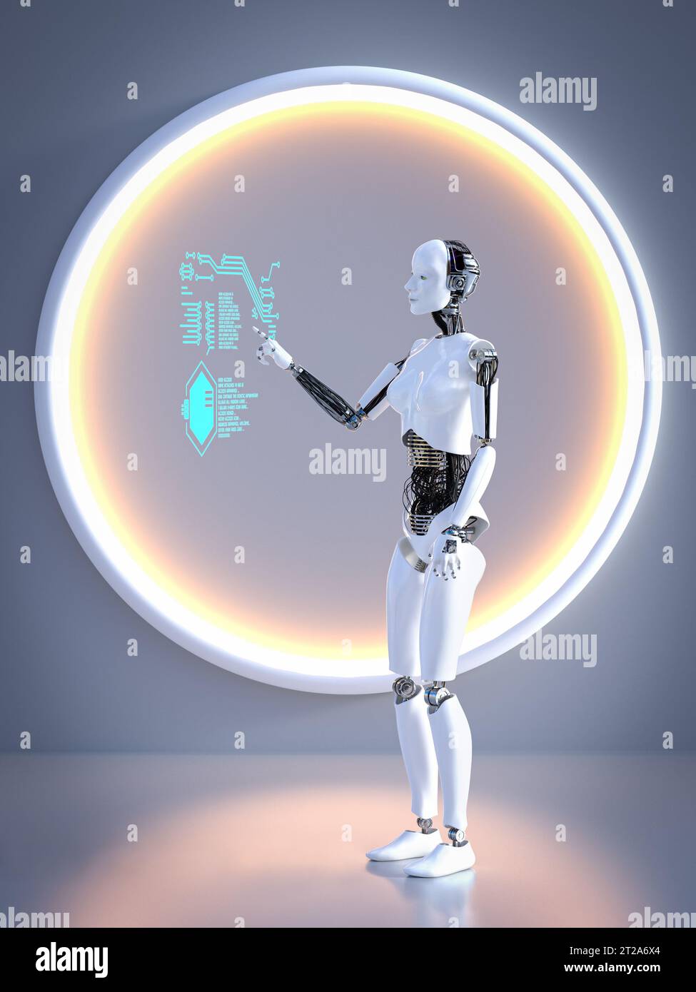 Rendu 3D d'un robot féminin travaillant sur un écran tactile numérique transparent qui flotte dans l'air. Concept futuriste. Banque D'Images