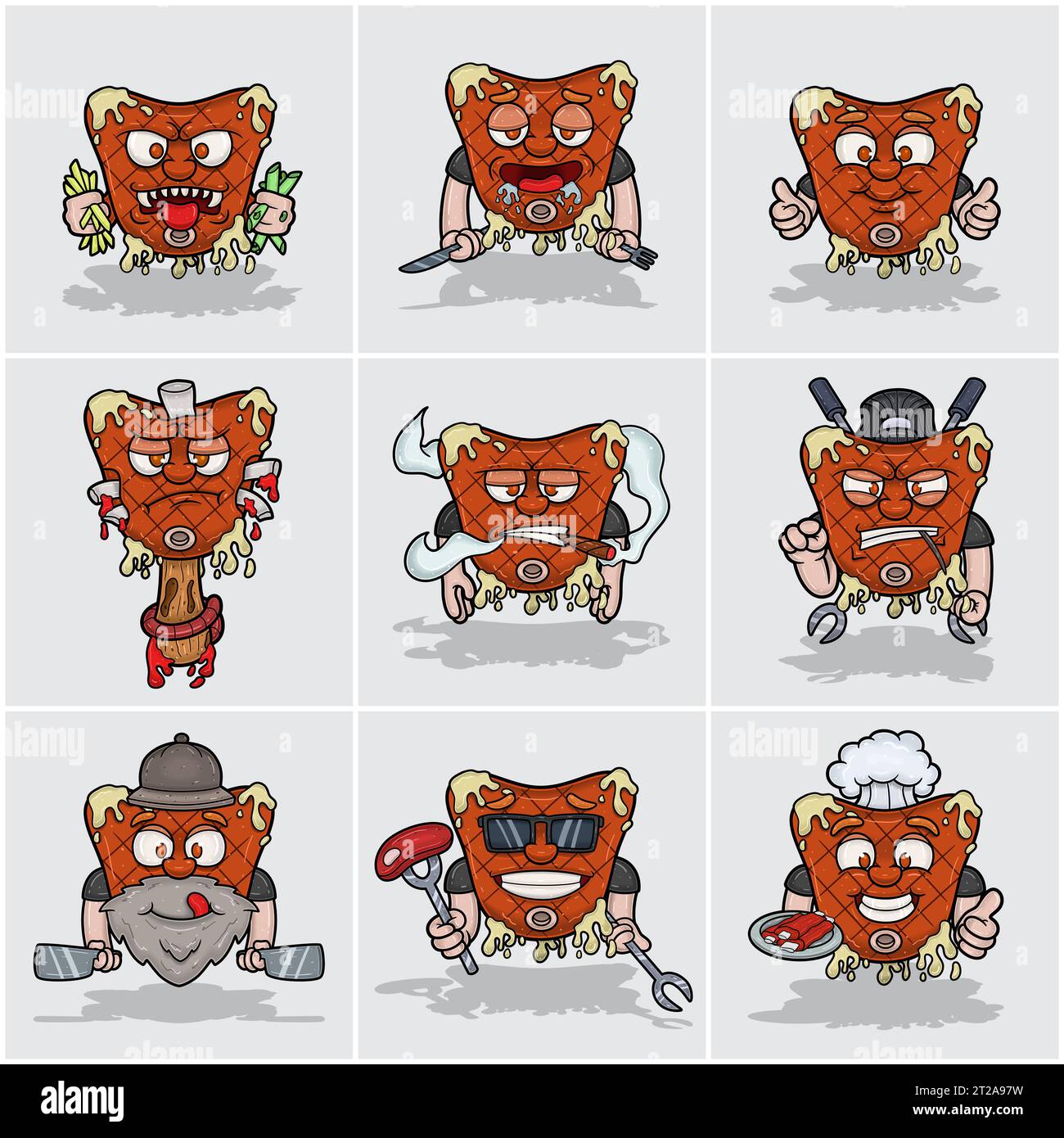 Ensemble de dessin animé de personnage de la mascotte de steak de bœuf. Vecteurs et illustrations. Illustration de Vecteur
