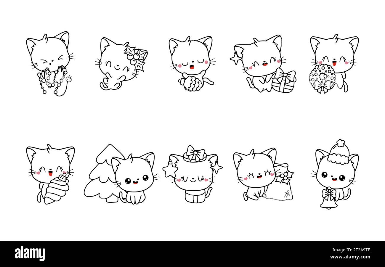 Ensemble de page de coloriage de chat de Noël Kawaii. Collection de