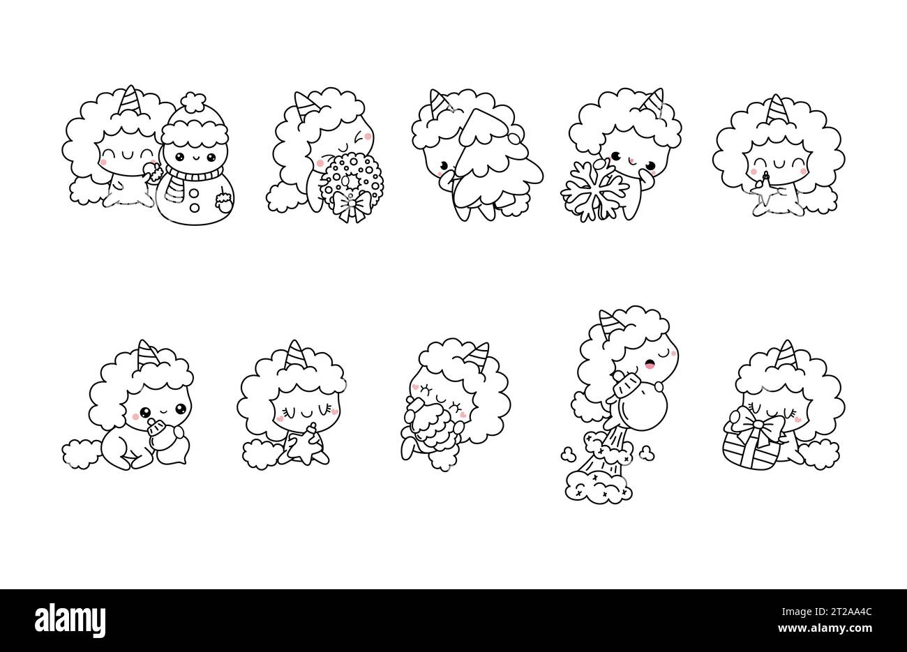 Ensemble de page de coloriage de licorne de Noël Kawaii. Collection de mignon Vector Christmas Animal Outline Illustration de Vecteur