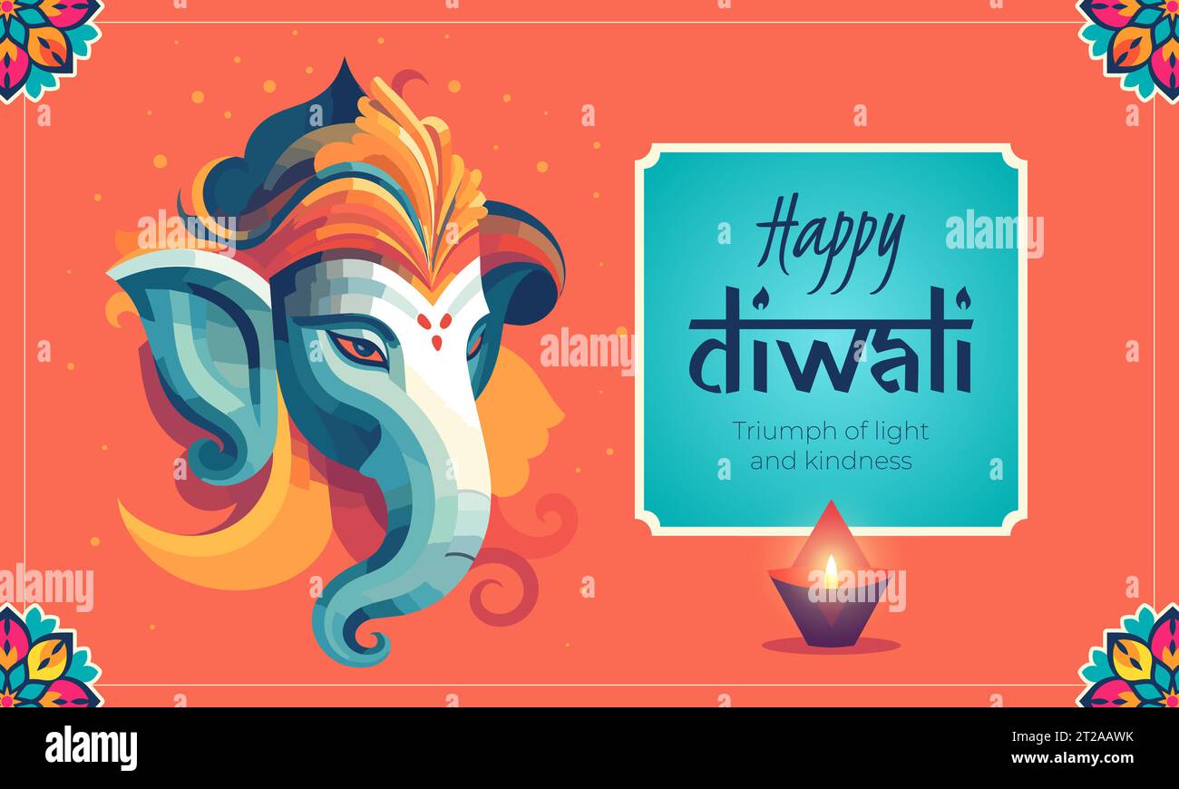Bannière horizontale joyeuse Diwali de vacances indiennes. Deepavali Inde festival de lumières couverture. Éléphant de divinité Ganesha et lampe à huile de diya. Contexte de célébration traditionnelle hindoue. Art créatif Design moderne Illustration de Vecteur