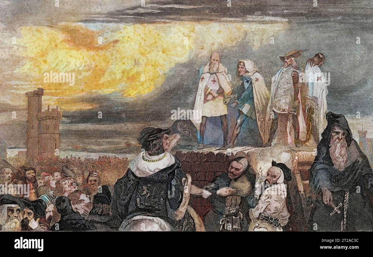 Torture des Templiers : Jacques de Molay (Molai) grand maître des Templiers et plusieurs de ses compagnons ont été accusés d'hérésie et de débauche par le roi Philippe IV - ils ont été condamnés au bûcher en 1314 Banque D'Images