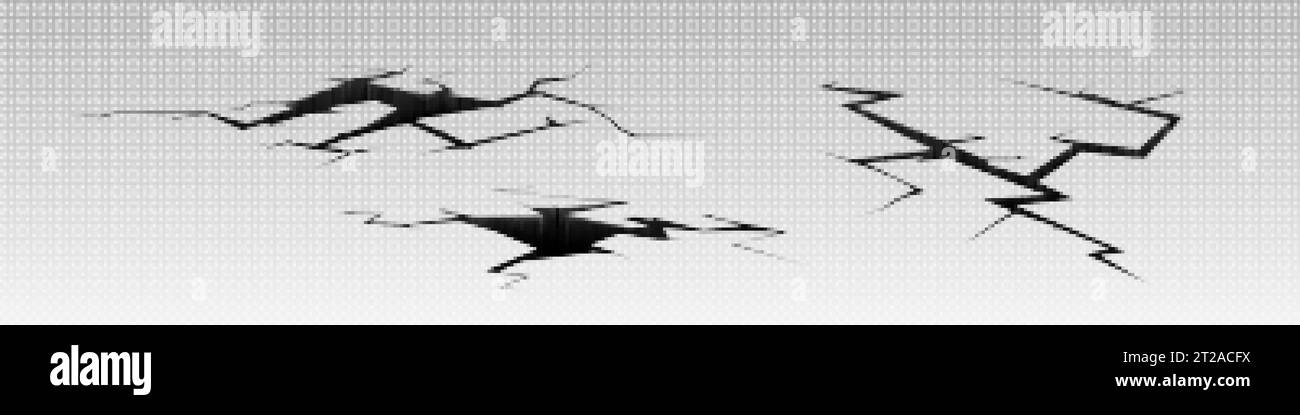 Fissures au sol effet 3D - trous sismiques réalistes dans le sol ou la surface de béton. Mur ou plancher cassé et endommagé. Jeu d'illustrations vectorielles de Illustration de Vecteur