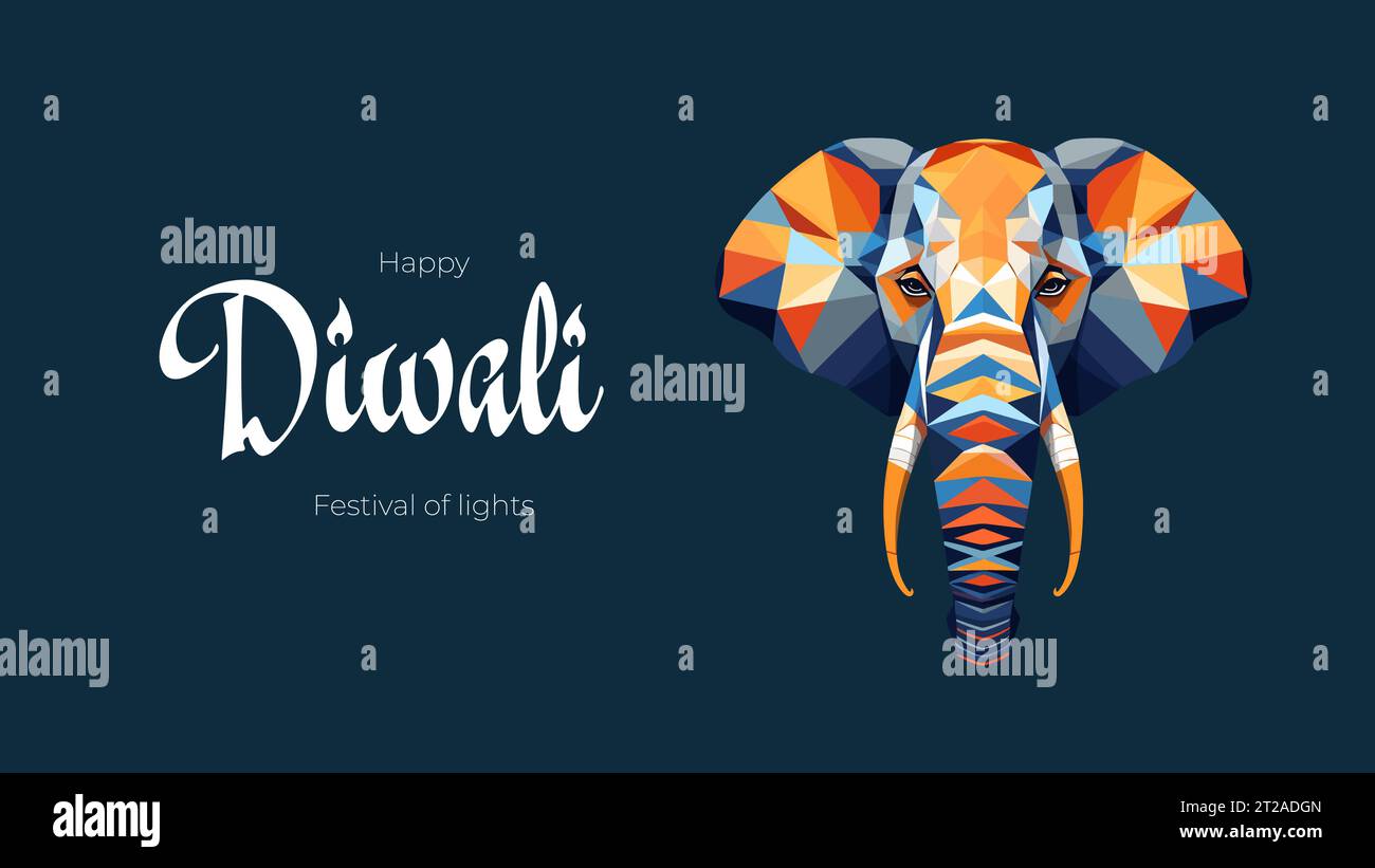 Fête indienne Happy Diwali bannière. Deepavali Inde festival de lumières couverture horizontale. Éléphant de divinité Ganesha. Imprimé fête traditionnelle hindoue. Art créatif conception vectorielle graphique minimale moderne Illustration de Vecteur